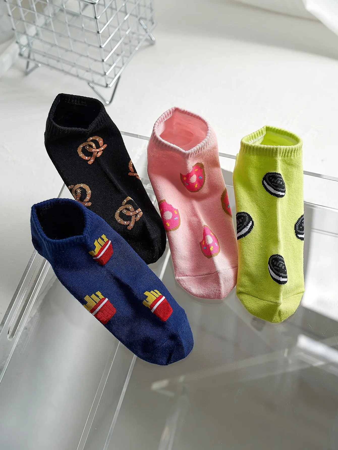 4pairs Pretzel Donut Fries Ankle Socks Silly Socks for Women Funky Socks Funny