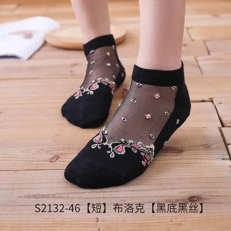 5 Pairs Women Colourful Embroidered Crew Silk Thin Cotton Socks