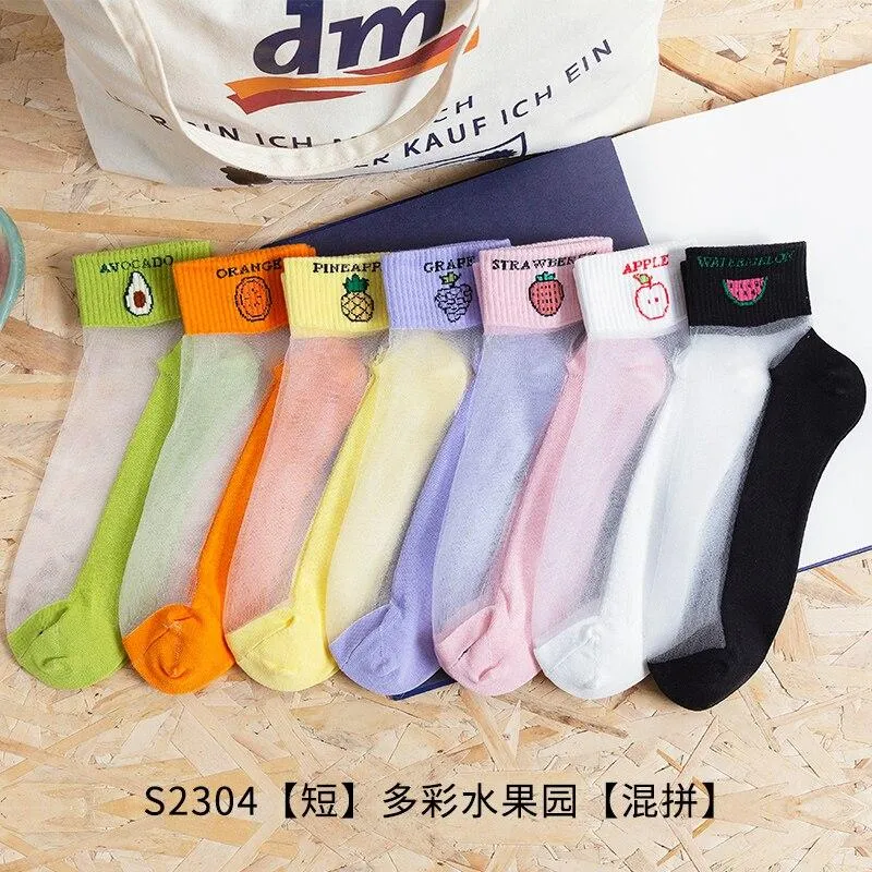 5 Pairs Women Colourful Embroidered Crew Silk Thin Cotton Socks