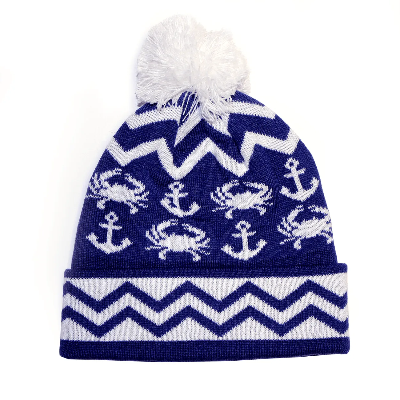 Chevron Crab and Anchor Design (Blue w/ White Pom) / Knit Beanie Cap