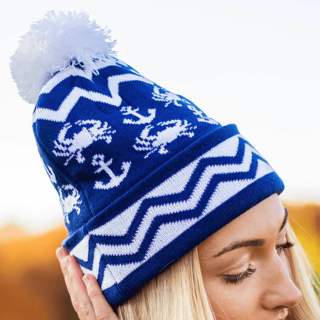 Chevron Crab and Anchor Design (Blue w/ White Pom) / Knit Beanie Cap