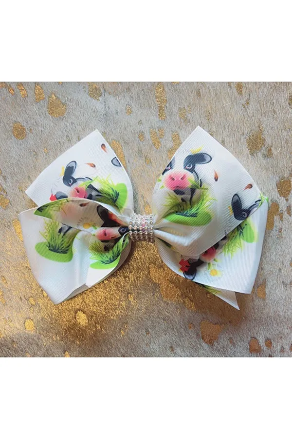 Cute white cow face print 7.5" hair bow (set of 4pcs for $6.99) DLH0824-31