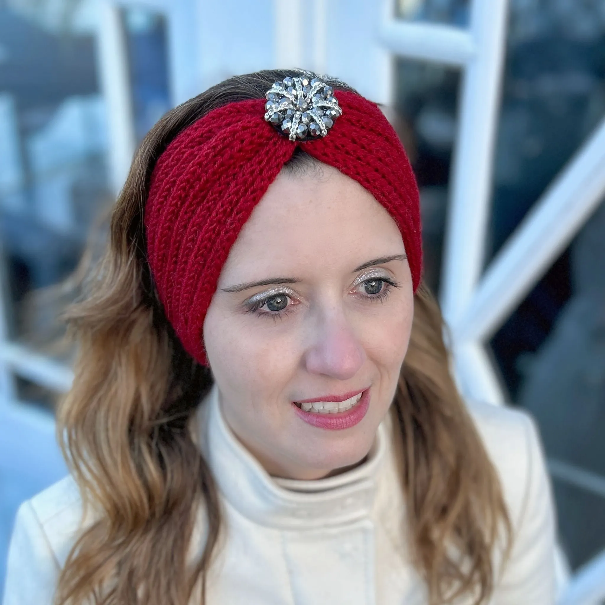 Ear Warmer Headband Winter Headband Jewelled in Dark Red