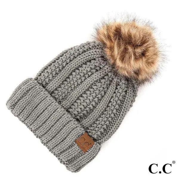 Grey Fuzzy Lined Knit C.C Beanie With Faux Fur Pom