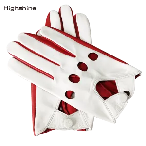 Highshine Men's Luxury Genuine Goatskin Leather Driving Gloves Thin Unlined for a tighter fit and extra flexibility Red/White