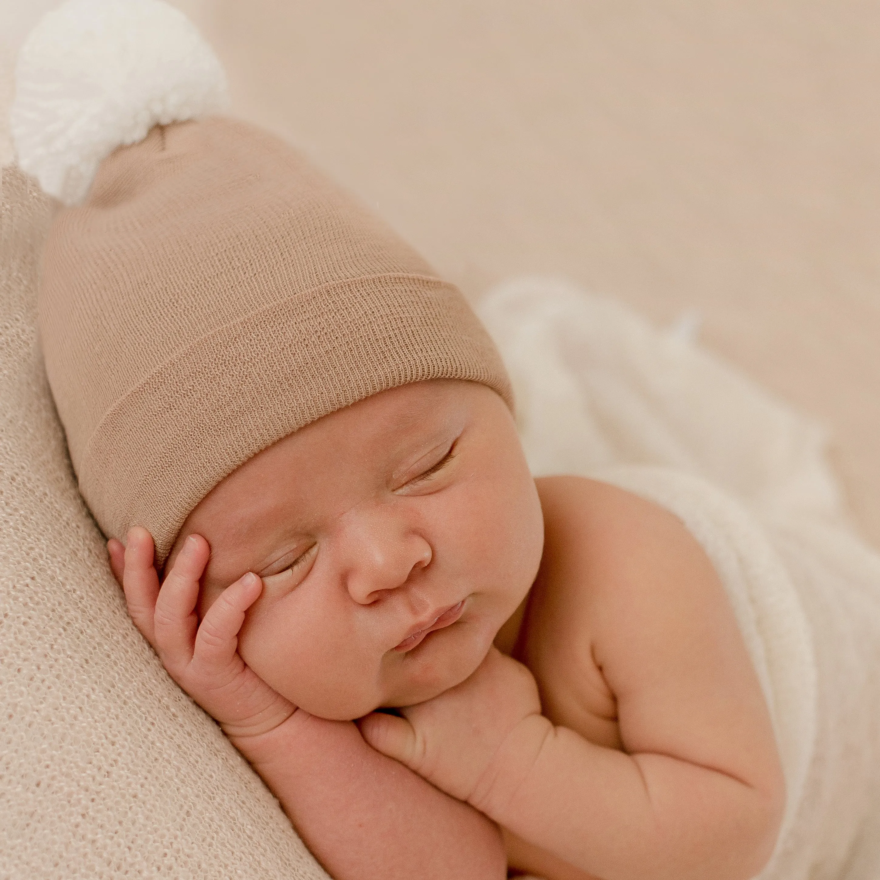 ilybean Tan White Pom Pom Newborn Hospital Hat