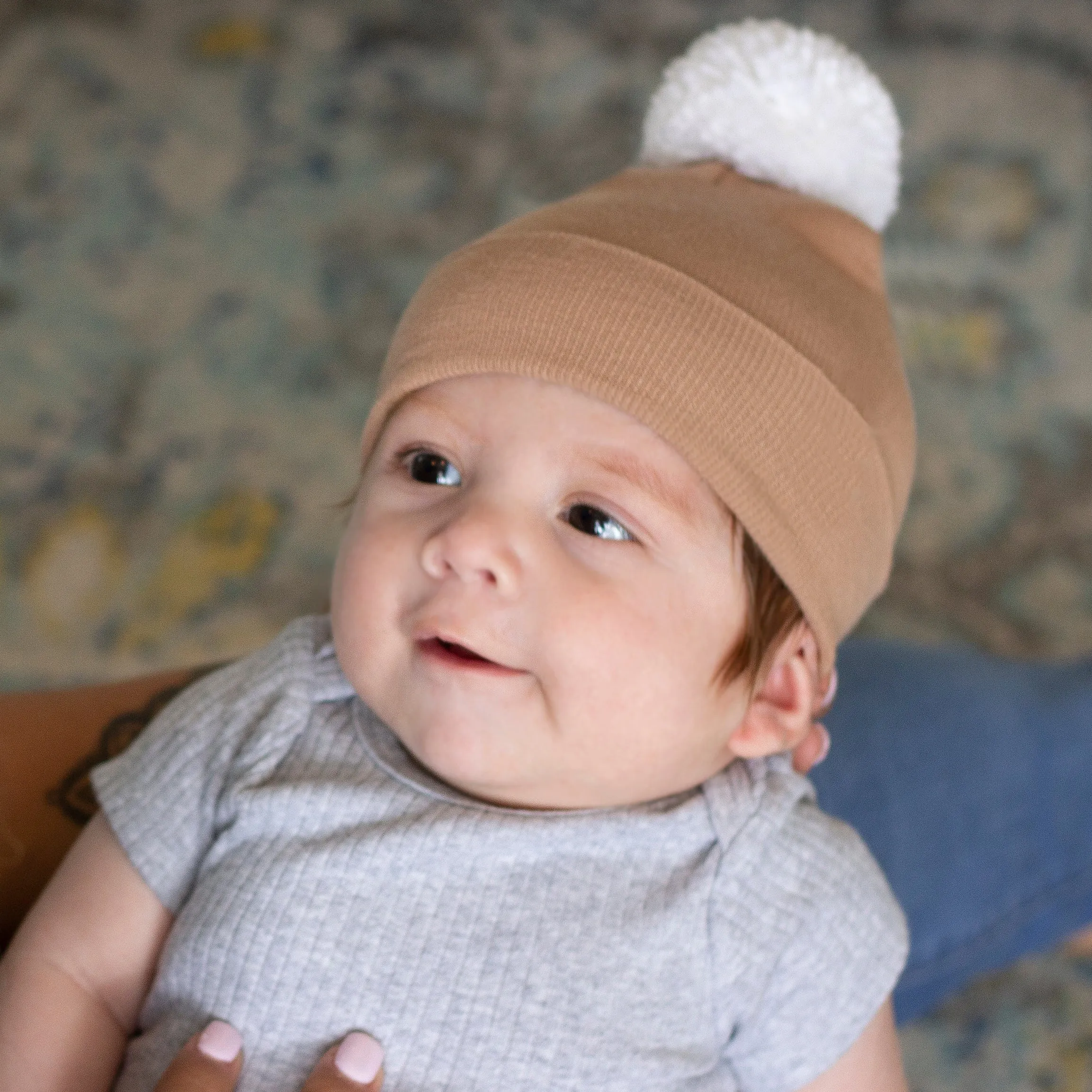 ilybean Tan White Pom Pom Newborn Hospital Hat