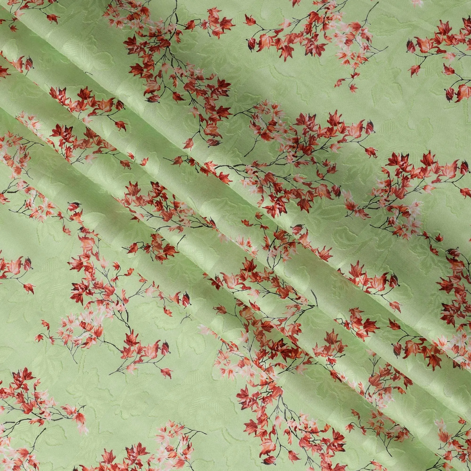 Light Green Japanese Cotton Voile Fabric, Red & Pink Leaf Print, 110 cm Width-D20918