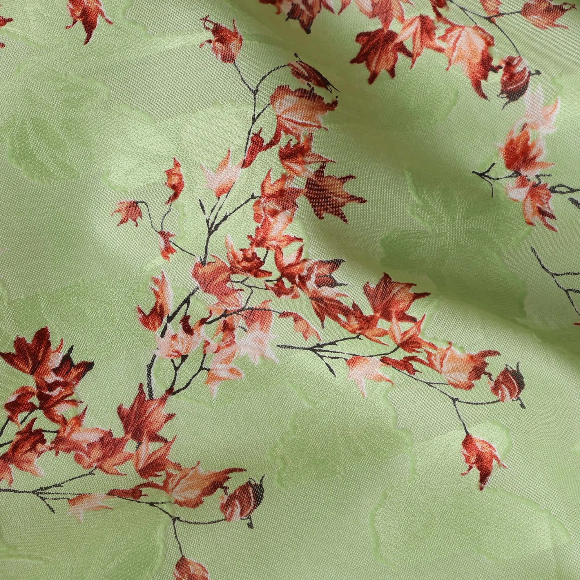 Light Green Japanese Cotton Voile Fabric, Red & Pink Leaf Print, 110 cm Width-D20918