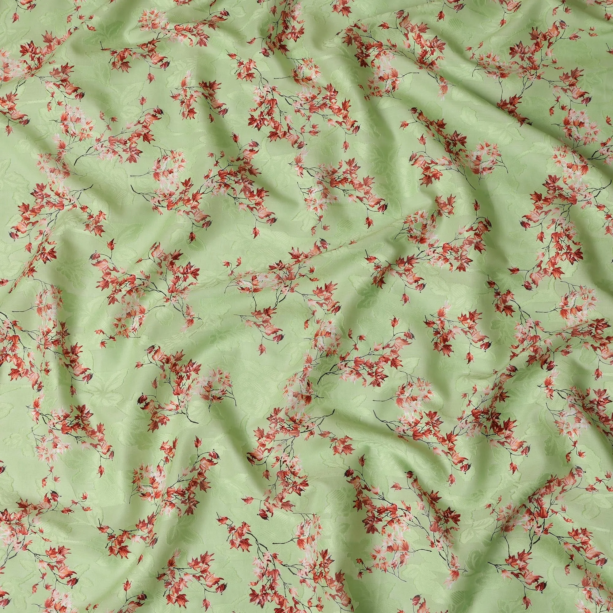 Light Green Japanese Cotton Voile Fabric, Red & Pink Leaf Print, 110 cm Width-D20918