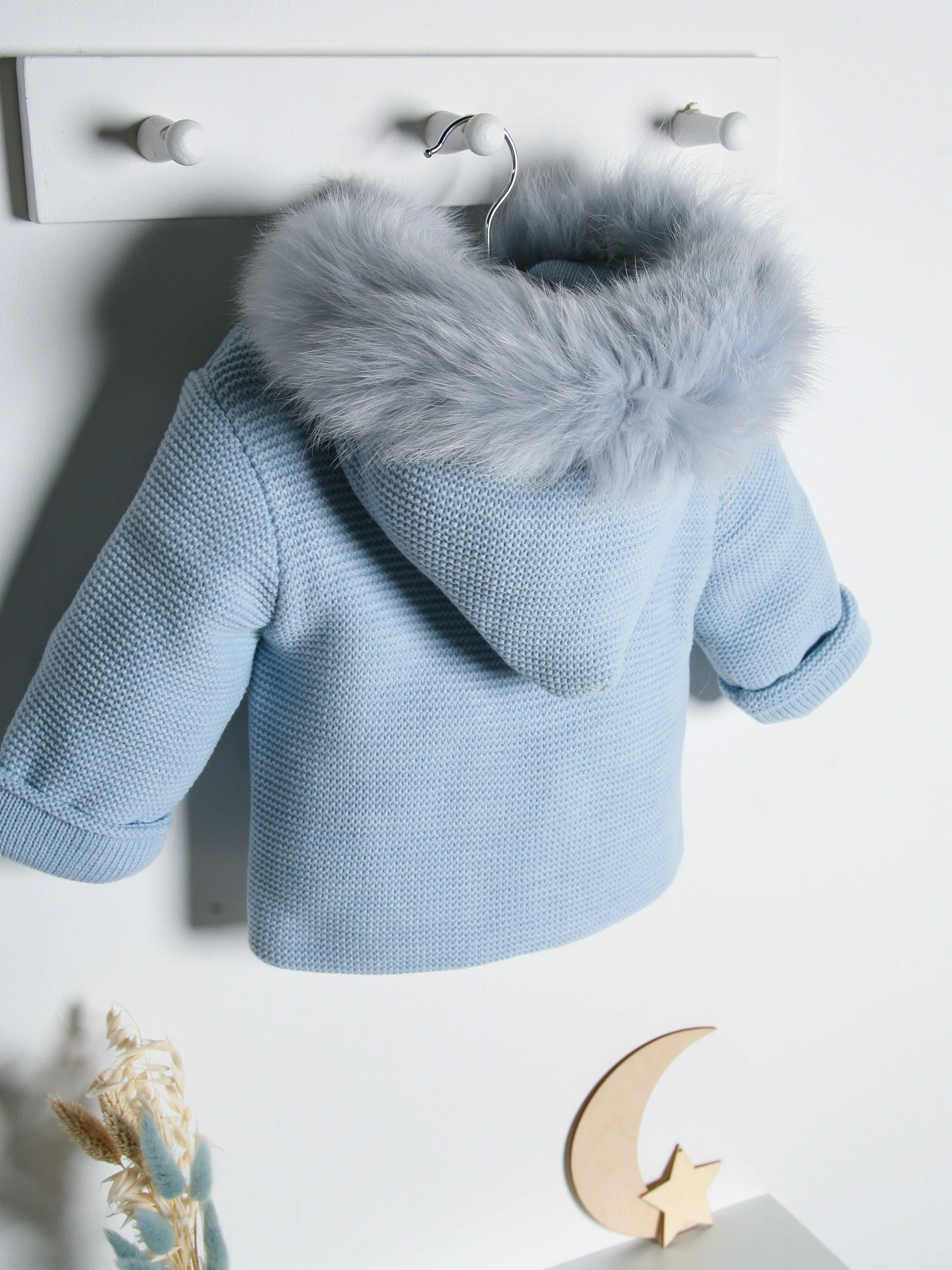 Mac Ilusion Blue Double Breasted Knitted Jacket with Fur Hood