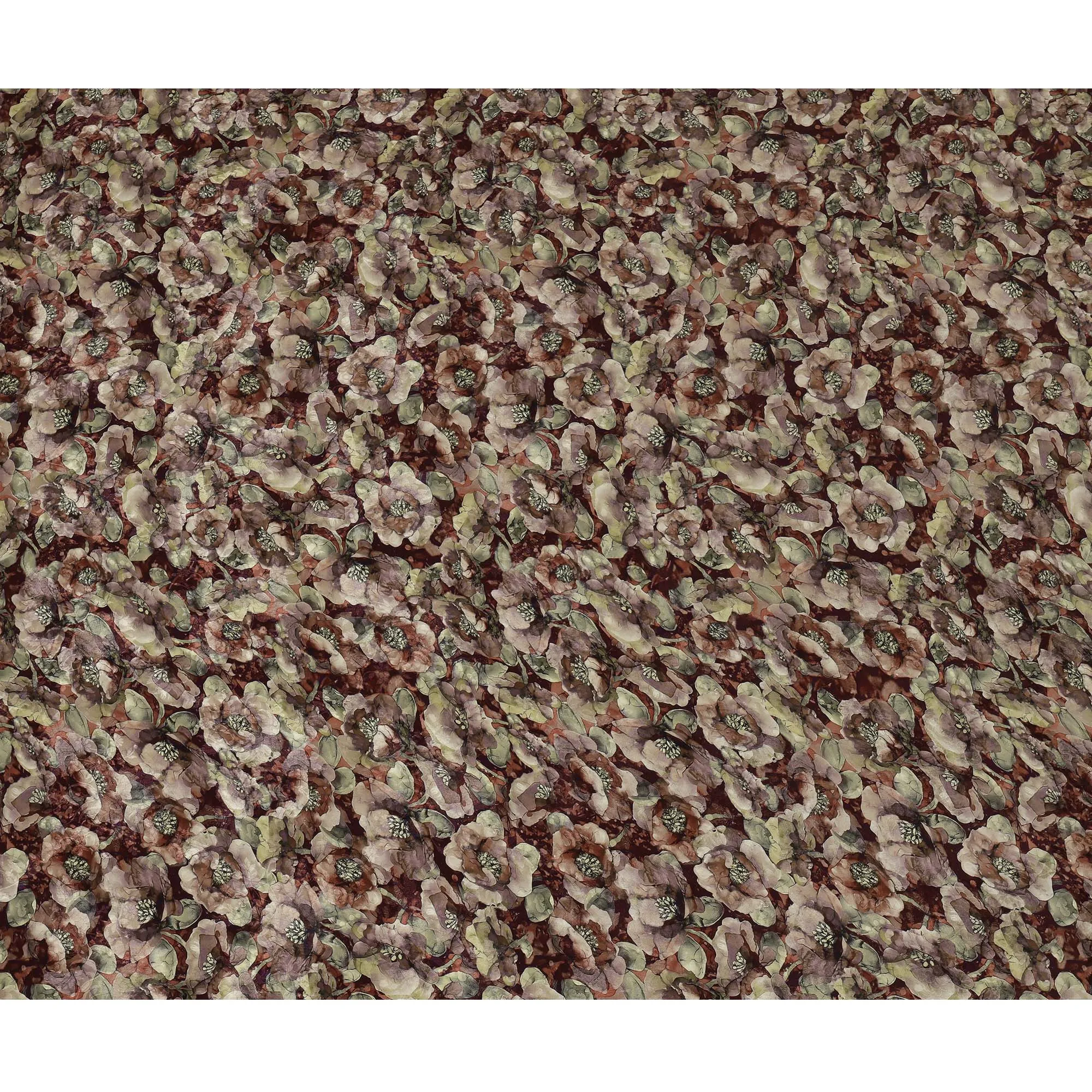 Maroon and Olive Viscose Crepe Printed Fabric with Floral Design, 110 cm Width-D20460