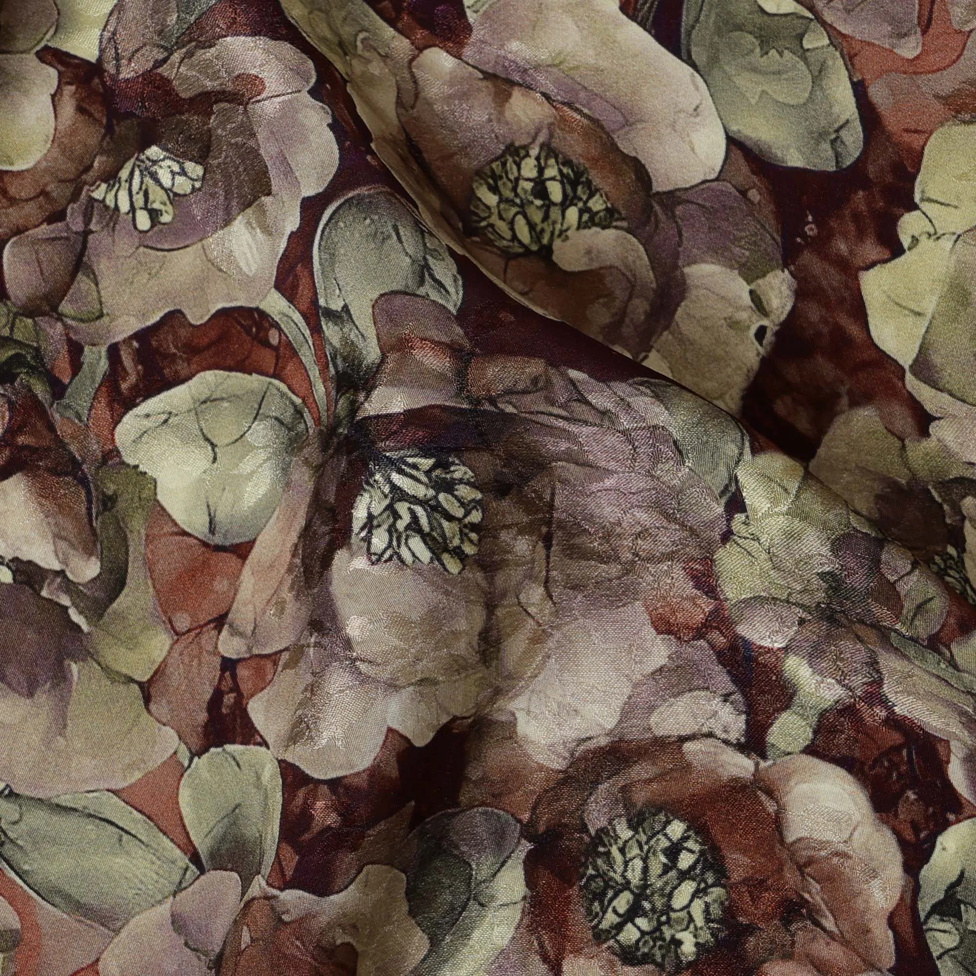 Maroon and Olive Viscose Crepe Printed Fabric with Floral Design, 110 cm Width-D20460