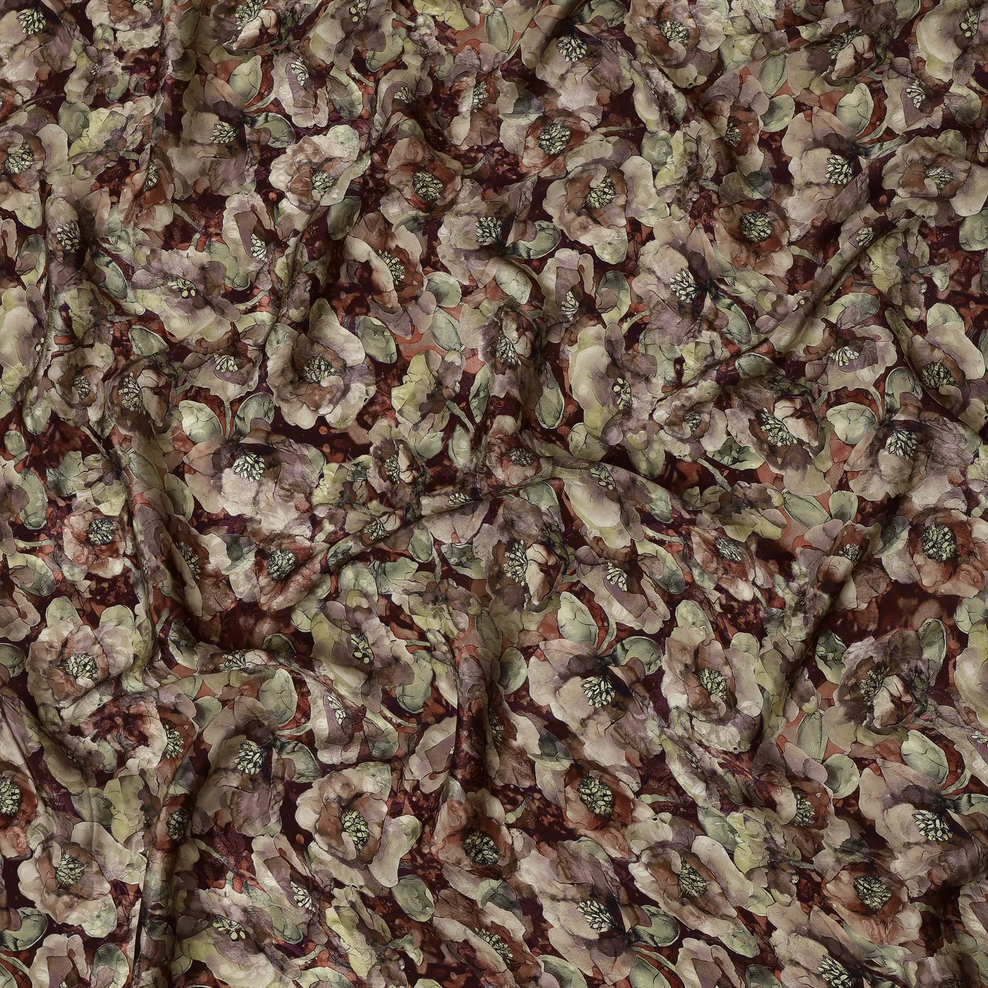 Maroon and Olive Viscose Crepe Printed Fabric with Floral Design, 110 cm Width-D20460