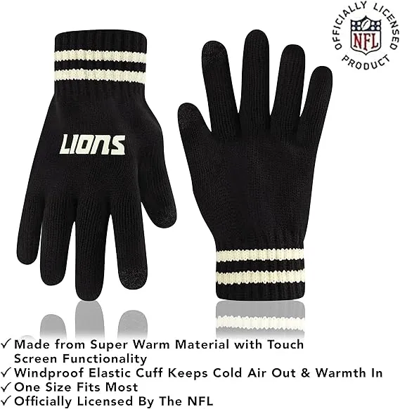 NFL Official Adults Super Soft Cable Knit Winter Beanie Knit Hat with Extra Warm Touch Screen Gloves|Detroit Lions