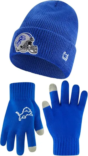 NFL Official Adults Super Soft Heritage Logo Winter Beanie Knit Hat with Extra Warm Touch Screen Gloves|Detroit Lions