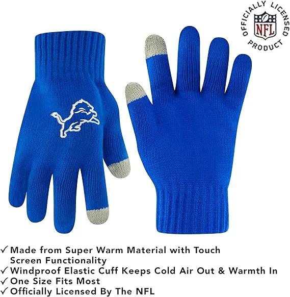 NFL Official Adults Super Soft Heritage Logo Winter Beanie Knit Hat with Extra Warm Touch Screen Gloves|Detroit Lions