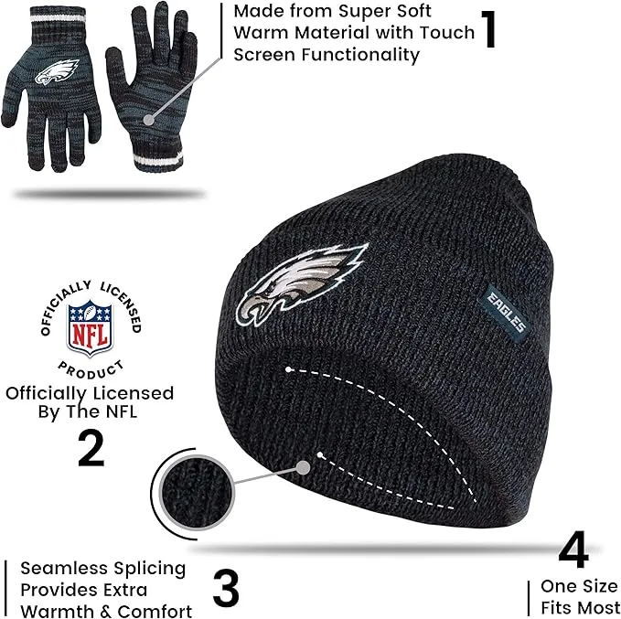 NFL Official Super Soft Marl Knit Winter Beanie Knit Hat with Extra Warm Touch Screen Gloves|Philadelphia Eagles