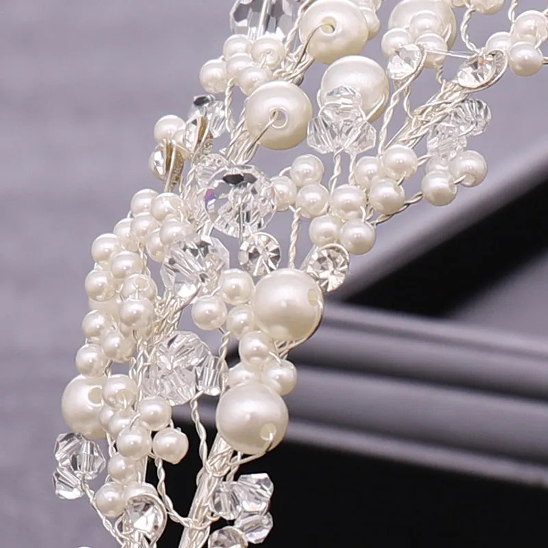 White Dreamy Pearl Crystal Rhinestone Handmade Wedding Headband-Crown