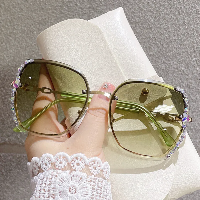 Woman Rimless Rhinestone Sunglasses; Women Oversized Rimless Gradient Stylish Design Oversized Sunglasses